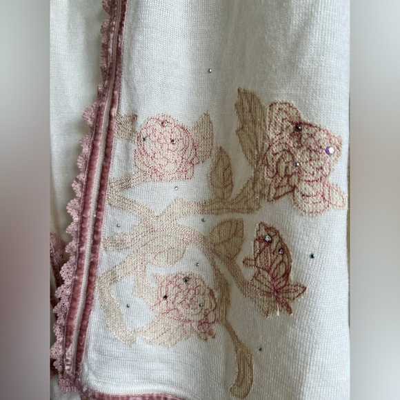 Moiselle Womens Pink White Embroidered Floral Wool Cottagecore Cardigan 2 - Picture 2 of 10